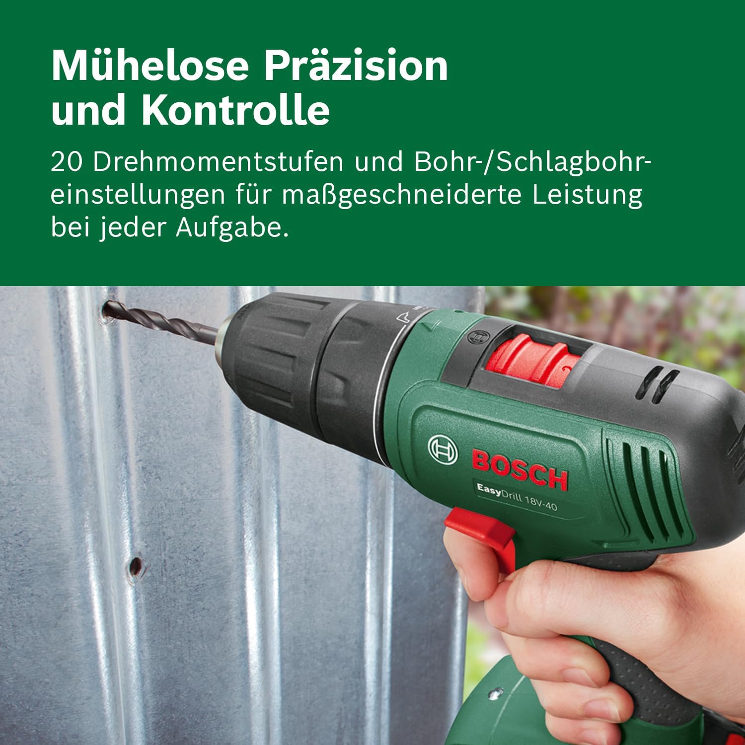 Bosch EasyDrill 18V-40 Akku-Bohrschrauber mit Koffer, 2-Gang-Getriebe, inklusive 2 Akkus, kompakte Bauform, Blick auf das Gerät