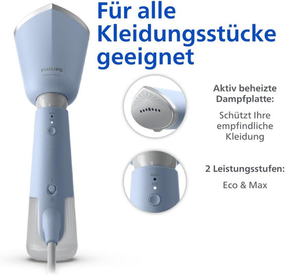 Philips Dampfglätter 5000-Serie (STH5020/20) - 35 Sekunden Aufheizen, aktiv beheizte Dampfplatte, Eco-Modus, für empfindliche Textilien, dampft vertikal & horizontal, Handschuh & Beutel, himmelblau - re:tech