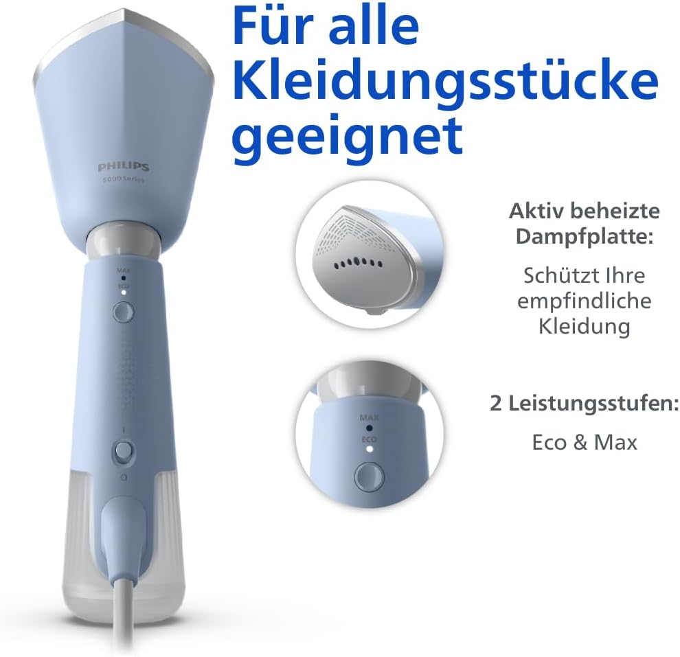 Philips Dampfglätter 5000-Serie (STH5020/20) - 35 Sekunden Aufheizen, aktiv beheizte Dampfplatte, Eco-Modus, für empfindliche Textilien, dampft vertikal & horizontal, Handschuh & Beutel, himmelblau - re:tech