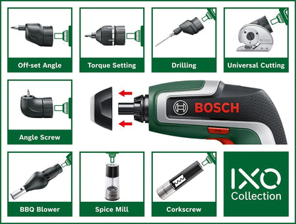 Bosch IXO 7 Akkuschrauber mit 3,6V, USB, Winkel-Aufsatz, zum Schrauben bis zu 190 Schrauben, kompakter Akku-Schrauber