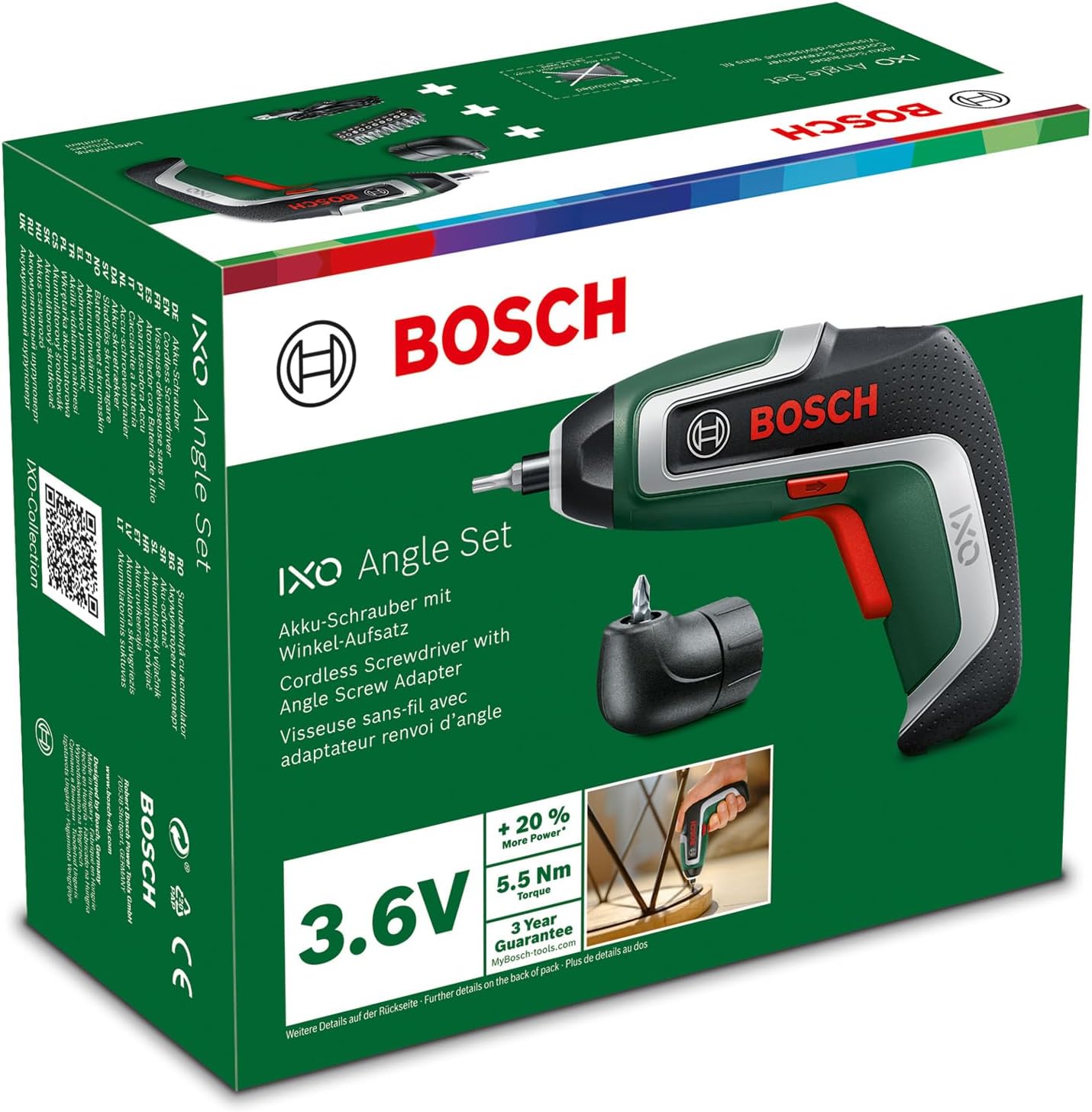 Bosch IXO 7 Akkuschrauber, kompakter 3,6V Akku-Schrauber mit USB, inklusive Winkel-Aufsatz, schraubt bis zu 190 Schrauben