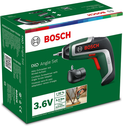 Bosch IXO 7 Akkuschrauber, kompakter 3,6V Akku-Schrauber mit USB, inklusive Winkel-Aufsatz, schraubt bis zu 190 Schrauben