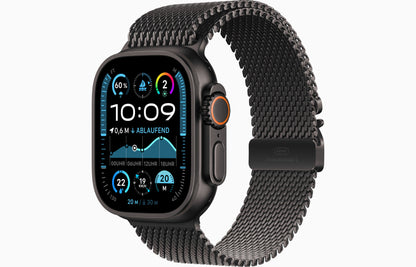 Seitliche Ansicht der Smartwatch mit drehbarer Krone und sportlichem Mesh-Armband
