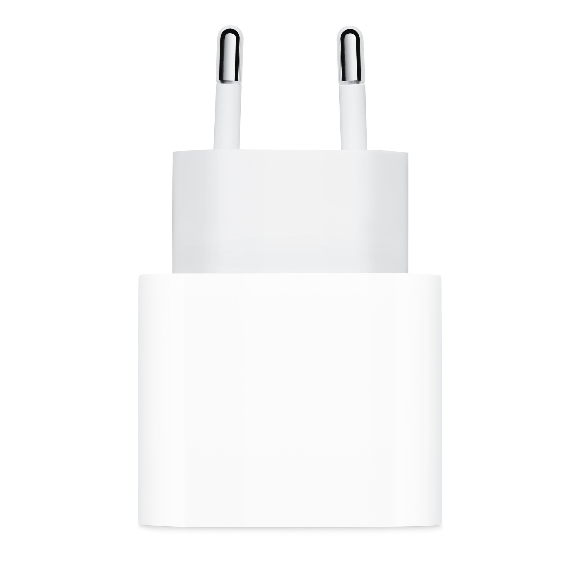 Weißes USB-C-Netzteil mit zwei runden Eurosteckerstiften, Frontalansicht

