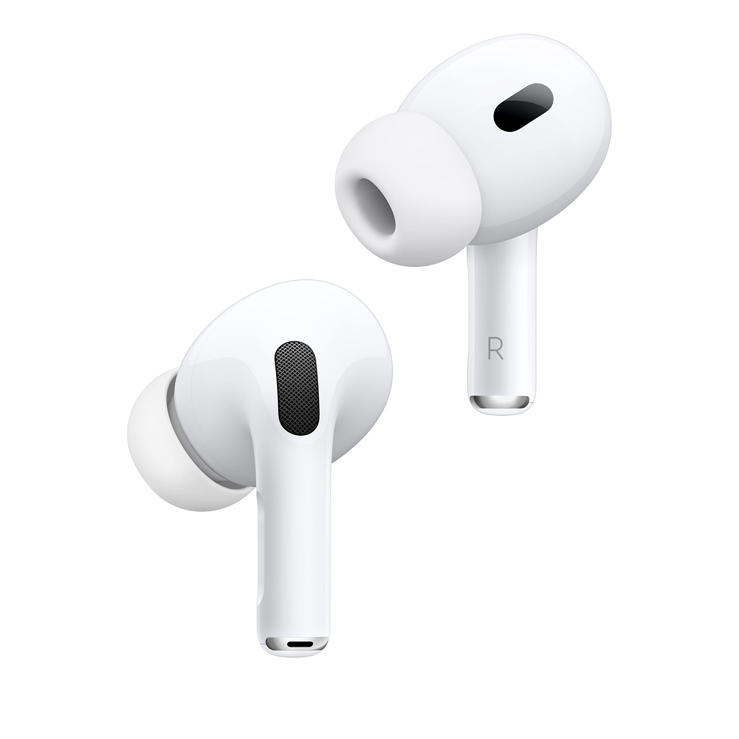 Zwei weiße kabellose In-Ear-Kopfhörer mit Silikonaufsätzen, Vorderansicht