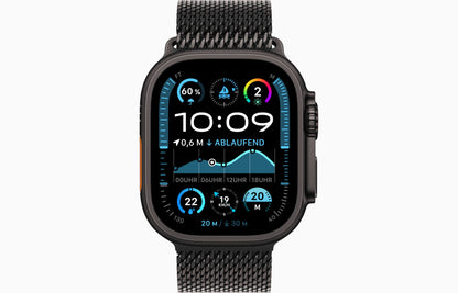 Smartwatch mit schwarzem Metallarmband und farbigem Always-On-Display, Frontansicht mit Fitnessdaten
