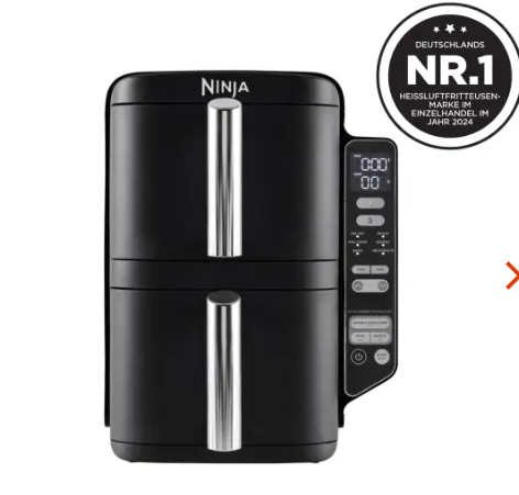 Ninja Airfryer mit zwei Frittierkammern und Bedienfeld im schwarzen Hochglanzdesign
