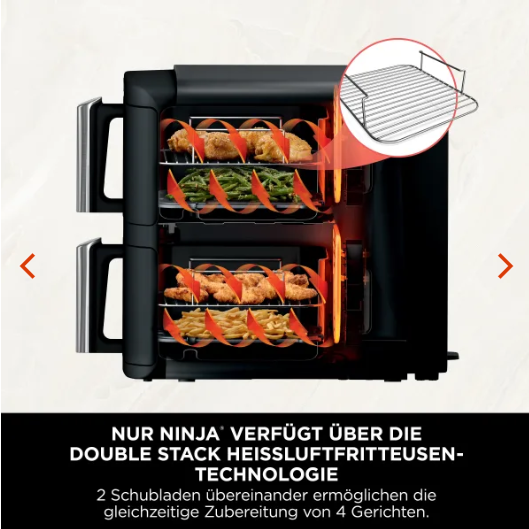 Innenansicht mit Pommes und Hähnchen beim Garen in beiden Zonen

