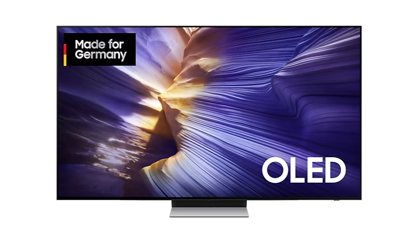 OLED-Fernseher mit Darstellung eines galaktischen Lichteffekts auf dem Bildschirm, Frontansicht
