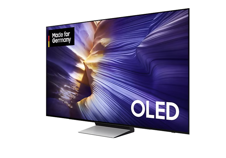 OLED-Fernseher in seitlicher Perspektive mit leuchtendem Display und Produktlogo
