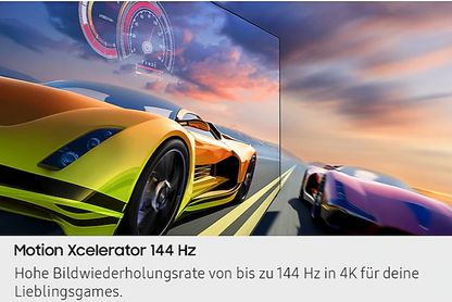 Schnelle Spielszenen auf dem Bildschirm eines OLED-Fernsehers, Rennspiel mit grünem Sportwagen

