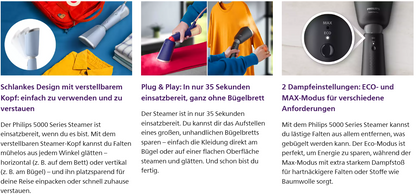 Philips Dampfglätter 5000-Serie (STH5020/20) - 35 Sekunden Aufheizen, aktiv beheizte Dampfplatte, Eco-Modus, für empfindliche Textilien, dampft vertikal & horizontal, Handschuh & Beutel, himmelblau - re:tech