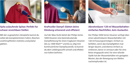 Philips Dampfglätter 5000-Serie (STH5020/20) - 35 Sekunden Aufheizen, aktiv beheizte Dampfplatte, Eco-Modus, für empfindliche Textilien, dampft vertikal & horizontal, Handschuh & Beutel, himmelblau - re:tech