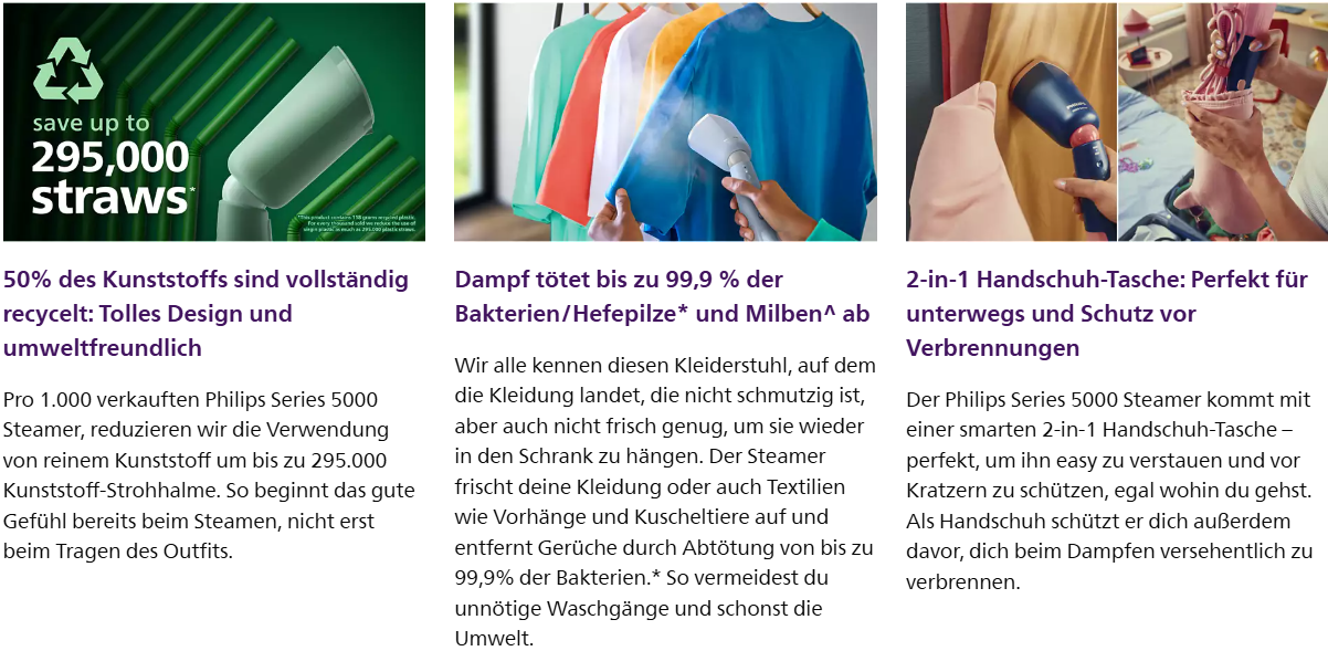 Philips Dampfglätter 5000-Serie (STH5020/20) - 35 Sekunden Aufheizen, aktiv beheizte Dampfplatte, Eco-Modus, für empfindliche Textilien, dampft vertikal & horizontal, Handschuh & Beutel, himmelblau - re:tech