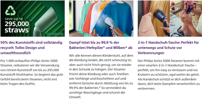 Philips Dampfglätter 5000-Serie (STH5020/20) - 35 Sekunden Aufheizen, aktiv beheizte Dampfplatte, Eco-Modus, für empfindliche Textilien, dampft vertikal & horizontal, Handschuh & Beutel, himmelblau - re:tech