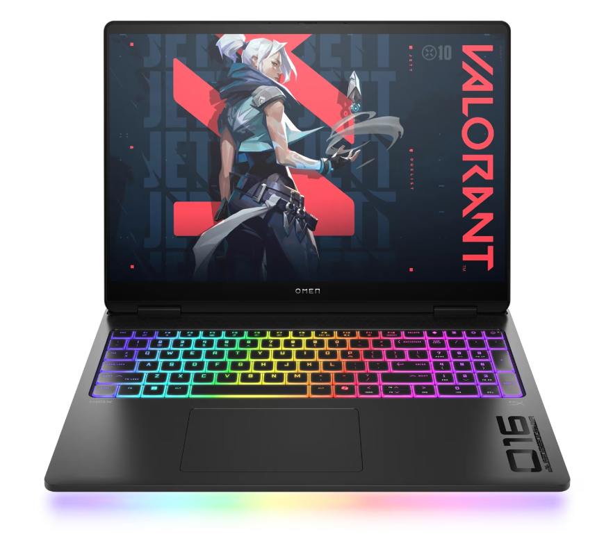Gaming-Laptop mit VALORANT-Spielszene auf dem Bildschirm und RGB-beleuchteter Tastatur, Frontansicht
