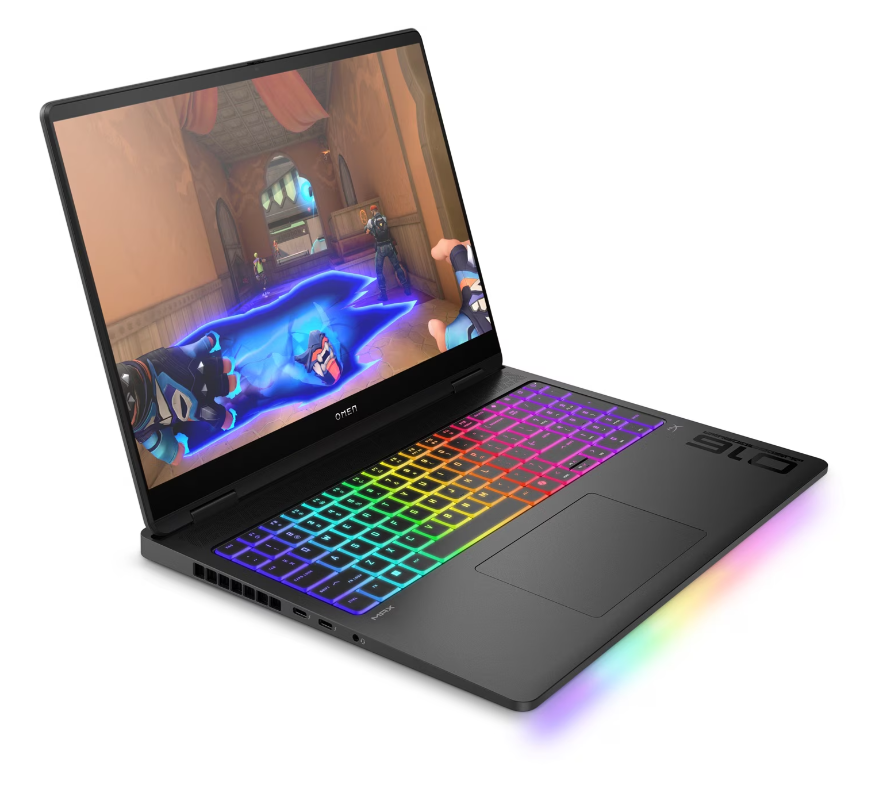 Seitenansicht des geöffneten Gaming-Laptops mit bunter RGB-Tastatur und Spielanzeige
