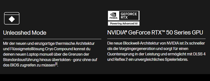 Produktinformationsgrafik mit technischen Daten des Laptops in weißer Schrift auf schwarzem Hintergrund
