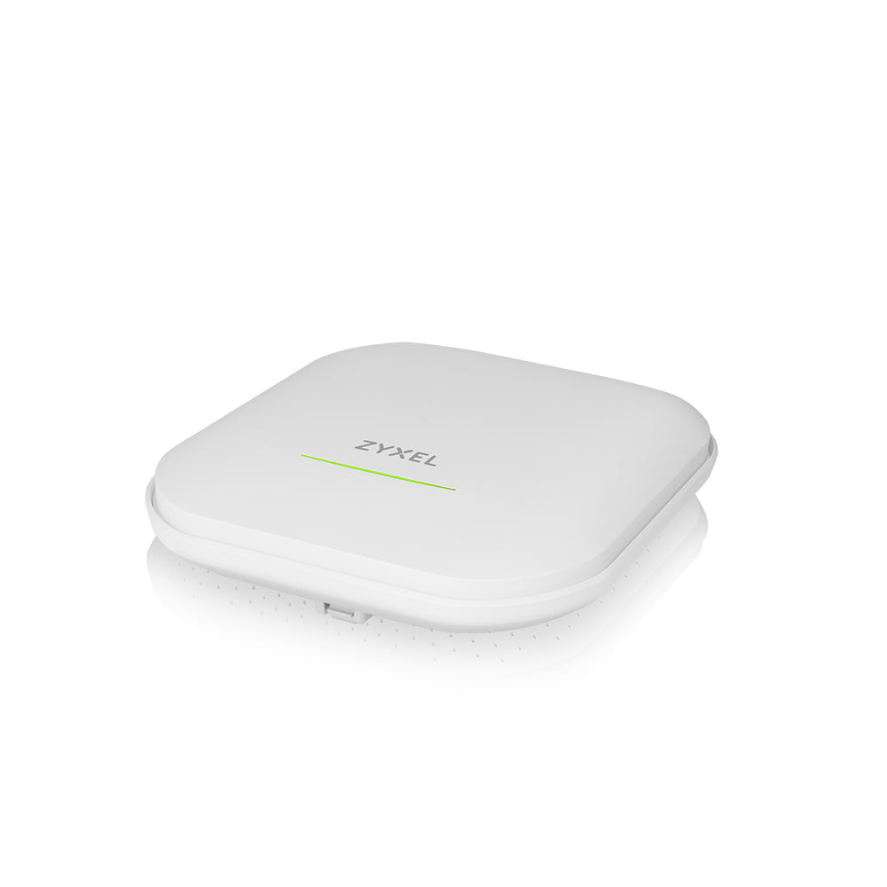 Zyxel NWA220AX‑6E Dual-Radio Wi-Fi 6E Access Point mit AXE5400, PoE, NebulaFlex, zeigt das Gerät mit Antennen und Anschluss.