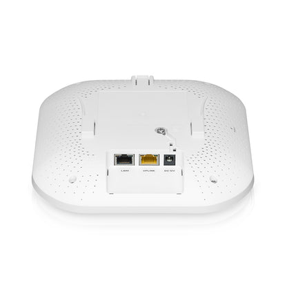 Zyxel NWA220AX‑6E Dual‑Radio Wi‑Fi 6E Access Point mit AXE5400, PoE, NebulaFlex, zeigt das Gerät mit Antennen und Anschluss.
