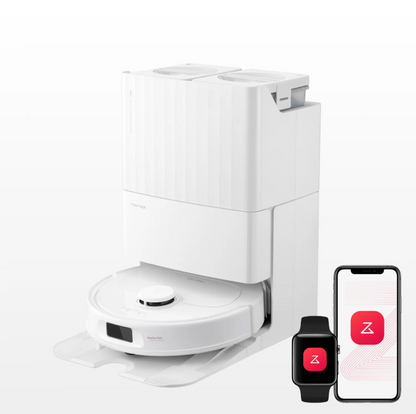 Weißer Saugroboter mit automatischer Reinigungsstation und App-Steuerung per Smartphone
